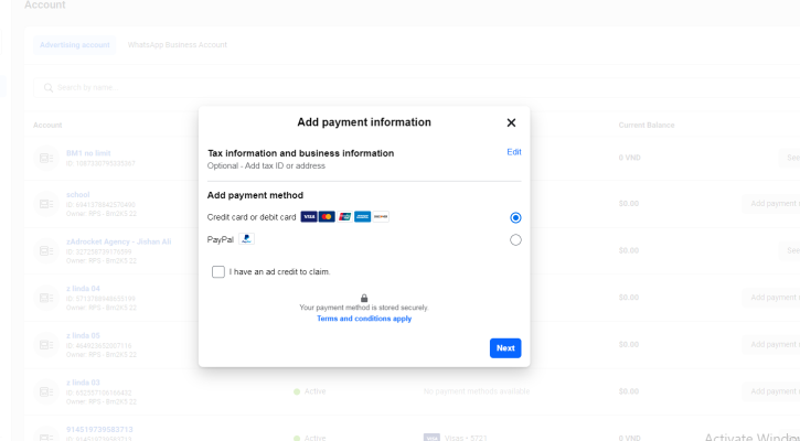 Add a payment method to your ad account